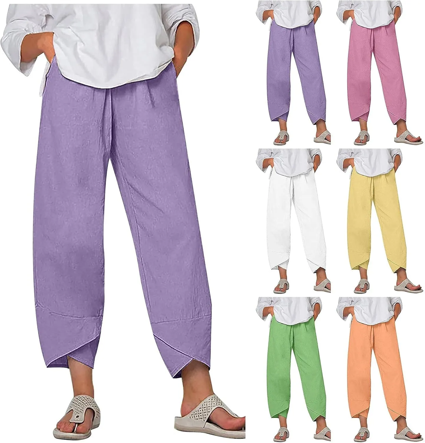 Linen Pants Women Summer Loose Fit Beach Palazzo Casual Plain Wide Leg Trousers Elastic Waist Beach Lounge Pants