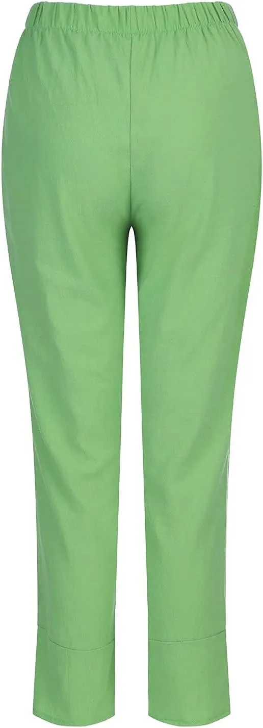 Linen Pants Women Summer Loose Fit Beach Palazzo Casual Plain Wide Leg Trousers Elastic Waist Beach Lounge Pants