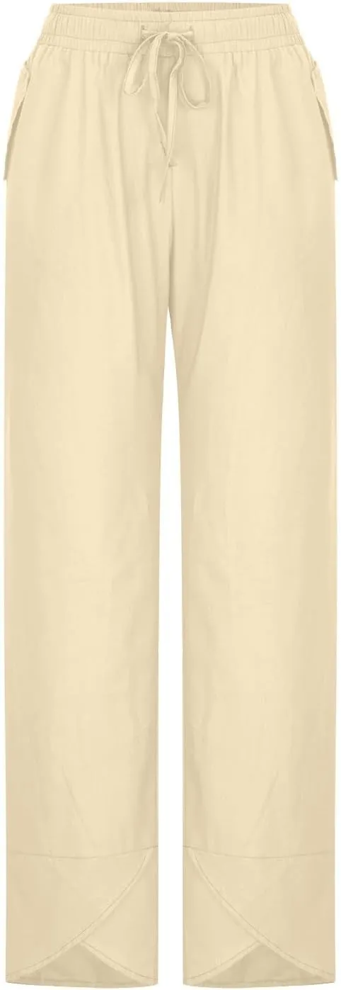 Linen Pants Women Summer Loose Fit Beach Palazzo Casual Plain Wide Leg Trousers Elastic Waist Beach Lounge Pants