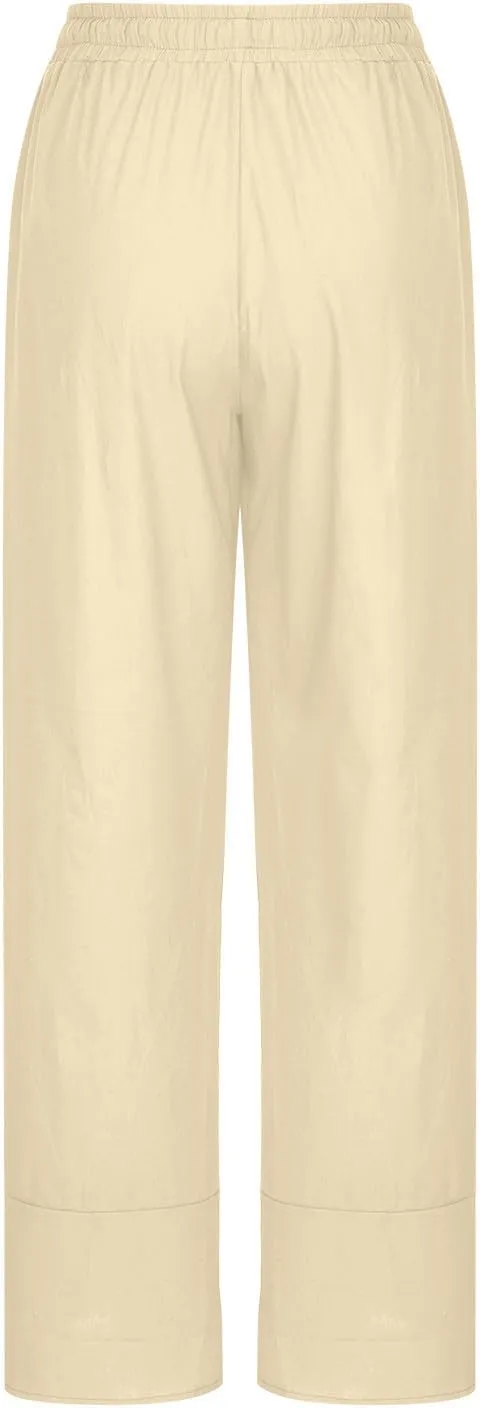 Linen Pants Women Summer Loose Fit Beach Palazzo Casual Plain Wide Leg Trousers Elastic Waist Beach Lounge Pants