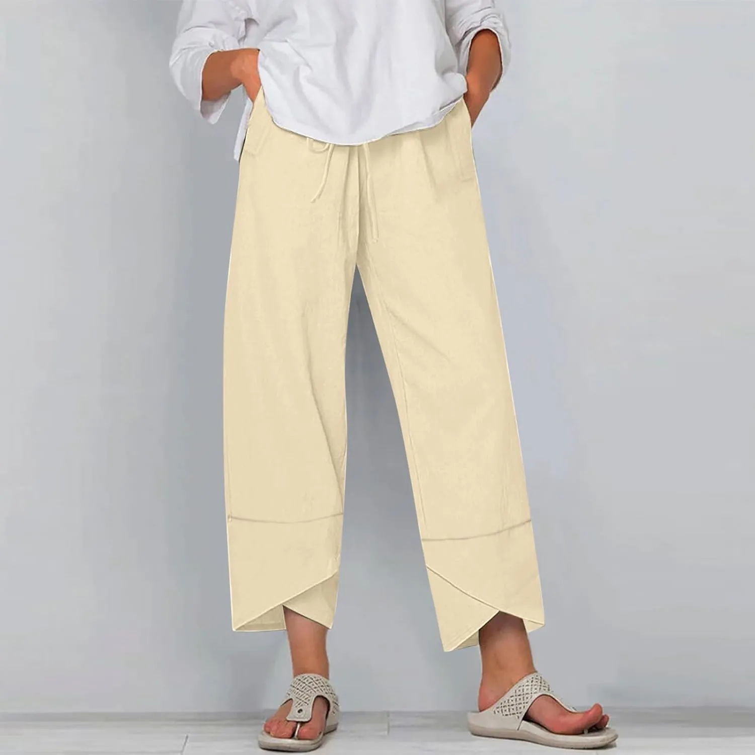 Linen Pants Women Summer Loose Fit Beach Palazzo Casual Plain Wide Leg Trousers Elastic Waist Beach Lounge Pants