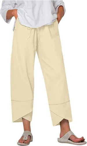 Linen Pants Women Summer Loose Fit Beach Palazzo Casual Plain Wide Leg Trousers Elastic Waist Beach Lounge Pants