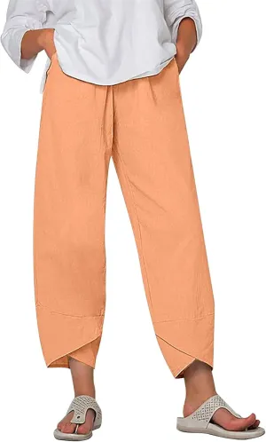 Linen Pants Women Summer Loose Fit Beach Palazzo Casual Plain Wide Leg Trousers Elastic Waist Beach Lounge Pants