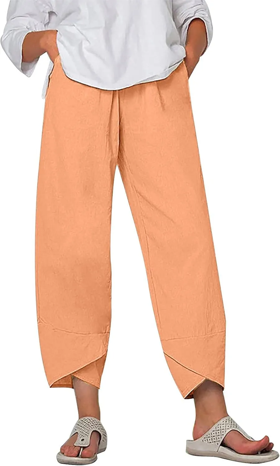 Linen Pants Women Summer Loose Fit Beach Palazzo Casual Plain Wide Leg Trousers Elastic Waist Beach Lounge Pants