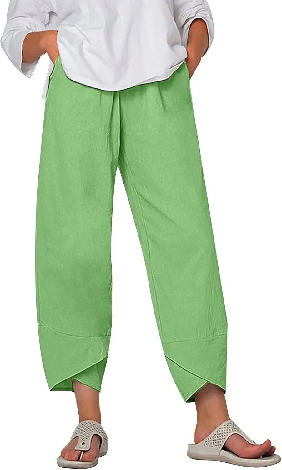 Linen Pants Women Summer Loose Fit Beach Palazzo Casual Plain Wide Leg Trousers Elastic Waist Beach Lounge Pants