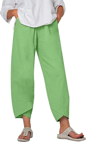 Linen Pants Women Summer Loose Fit Beach Palazzo Casual Plain Wide Leg Trousers Elastic Waist Beach Lounge Pants