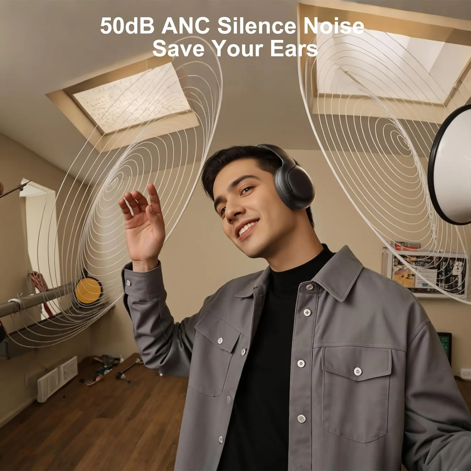 Linklike Over-Ear Wireless Headphones 50dB ANC Hi-Res Audio, 180H Playtime Noise Canceling Headphones, Touch Control Foldable Bluetooth Headset with IPX5 Waterproof, Best for Travel/Gym/Office