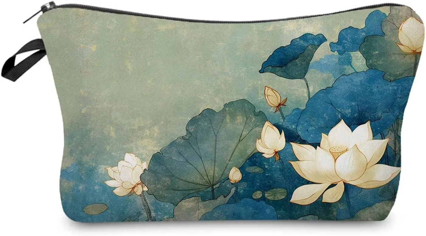 Lotus Flower Makeup Bag Cute Small Organizer Zipper Pouch Lotus Flower Cosmetic Bag Birthday Present for Women Friends -1