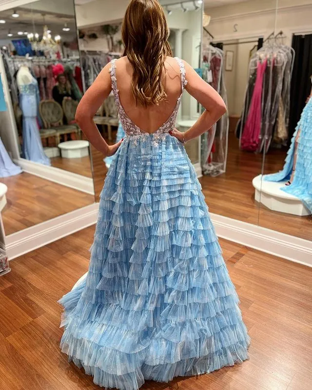 Luolandi A Line Straps With Applique Tiered Prom Dresses Tulle Sweep Train With Slit