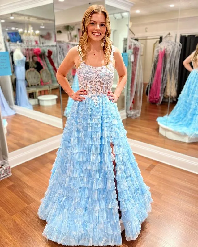 Luolandi A Line Straps With Applique Tiered Prom Dresses Tulle Sweep Train With Slit