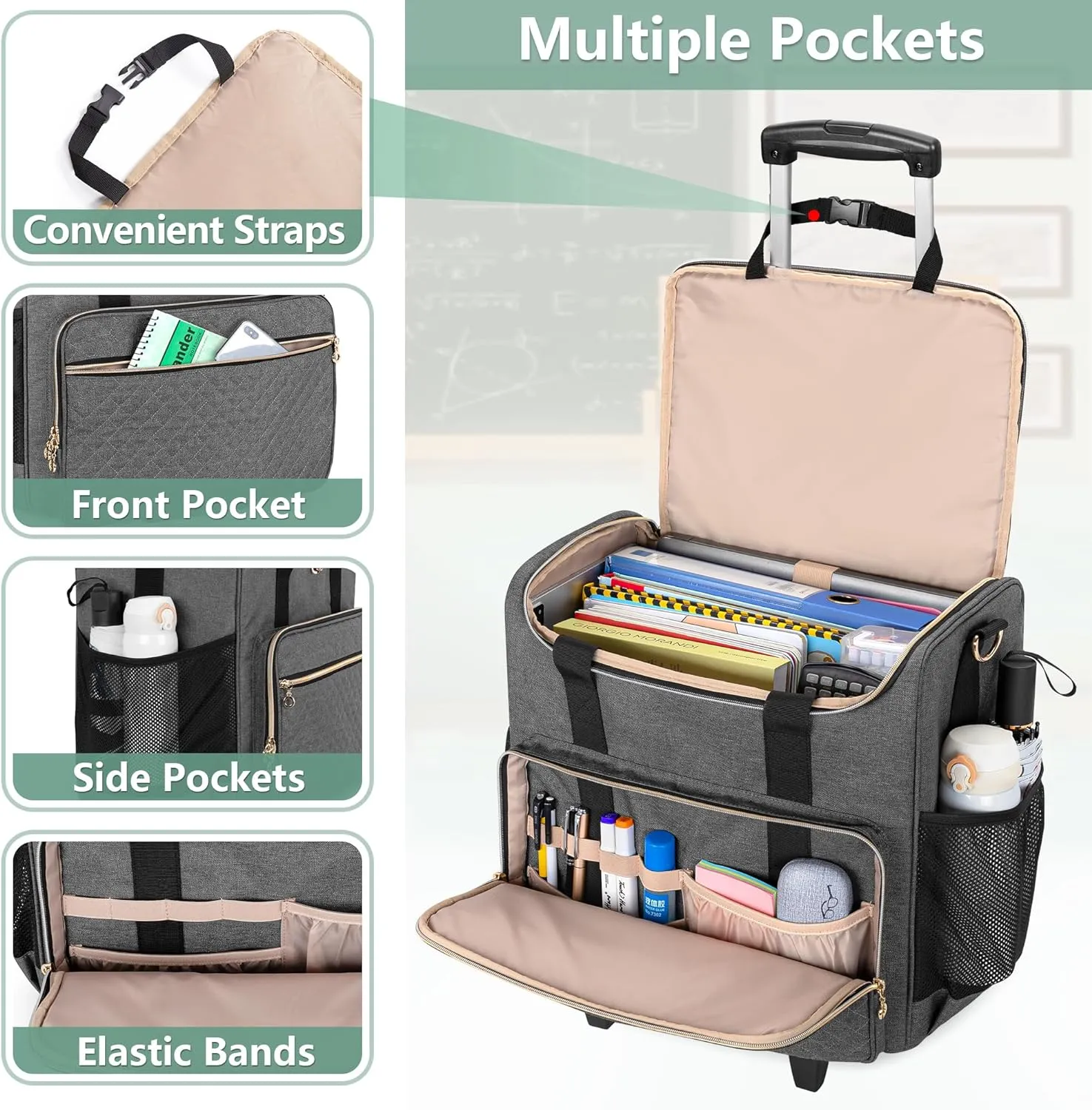 LUXJA Rolling Teacher Bag with Laptop Compartment and Detachable Dolly, Multifunctional Rolling Teacher Tote Bag (Patent Pending), Gray