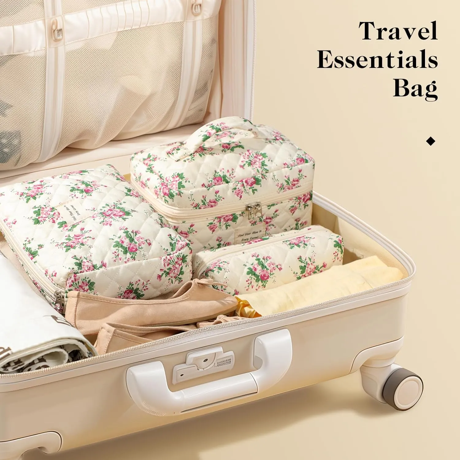 Makeup Bag 3Pcs, Cute Makeup Pouch, Quilted Make up Bag for Women, Large Travel Cosmetic Organizer, Zipper Pouch, Pink Flower
