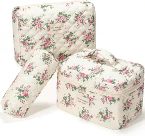 Makeup Bag 3Pcs, Cute Makeup Pouch, Quilted Make up Bag for Women, Large Travel Cosmetic Organizer, Zipper Pouch, Pink Flower