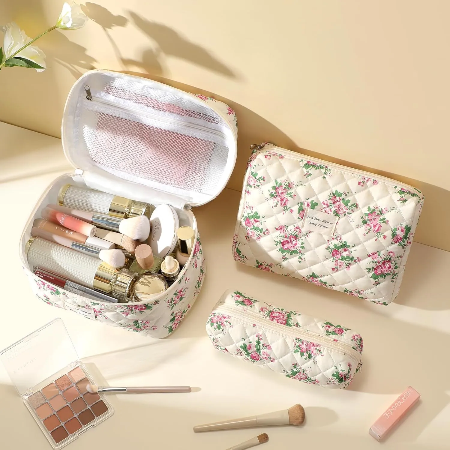 Makeup Bag 3Pcs, Cute Makeup Pouch, Quilted Make up Bag for Women, Large Travel Cosmetic Organizer, Zipper Pouch, Pink Flower