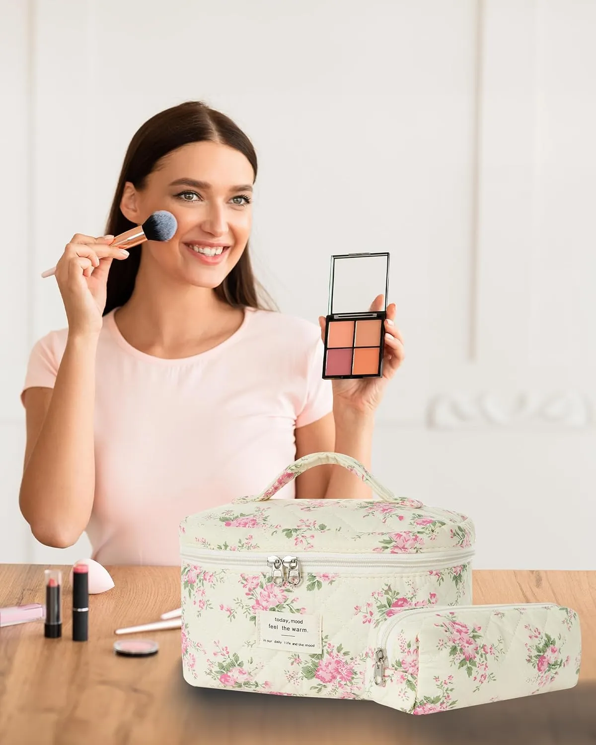 Makeup Bag, Floral Makeup Bags, Cotton Quilted Cosmetic Bag Organizer, Travel Quilted Makeup Bag for Women, Cotton Makeup Bag Set, Flower Travel Toiletry Bag