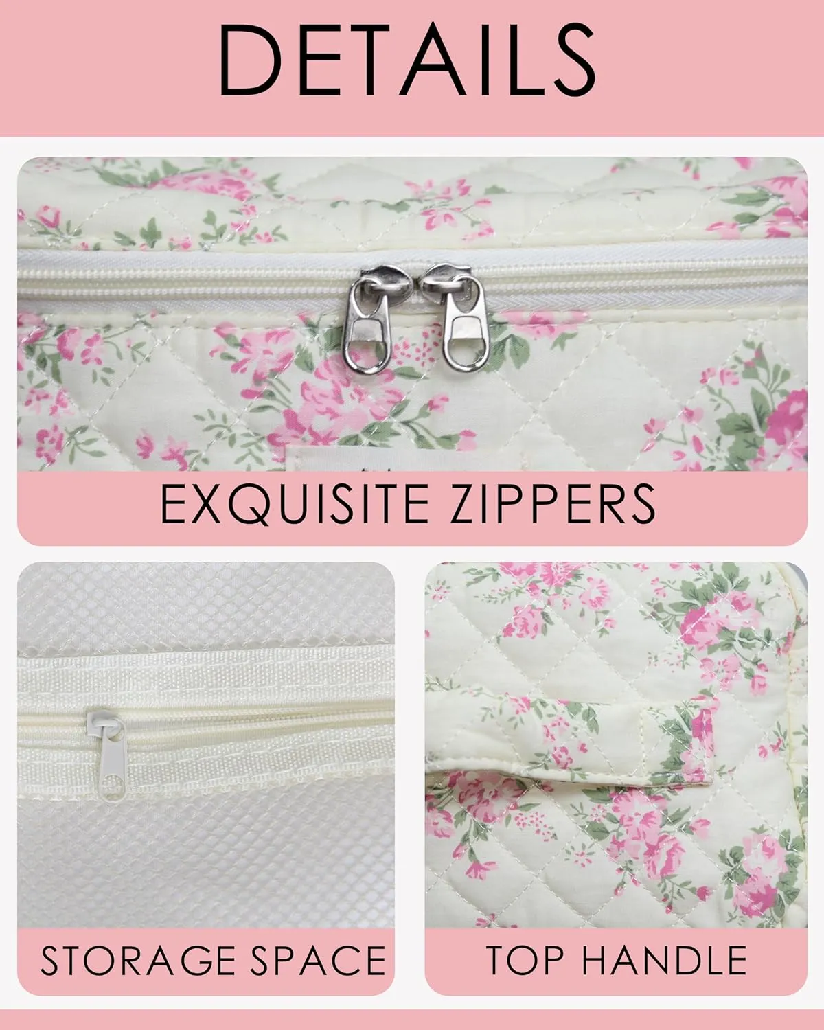Makeup Bag, Floral Makeup Bags, Cotton Quilted Cosmetic Bag Organizer, Travel Quilted Makeup Bag for Women, Cotton Makeup Bag Set, Flower Travel Toiletry Bag