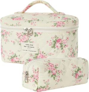Makeup Bag, Floral Makeup Bags, Cotton Quilted Cosmetic Bag Organizer, Travel Quilted Makeup Bag for Women, Cotton Makeup Bag Set, Flower Travel Toiletry Bag