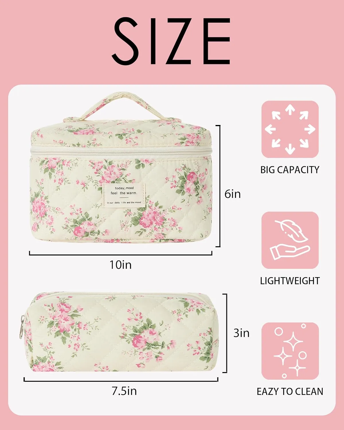 Makeup Bag, Floral Makeup Bags, Cotton Quilted Cosmetic Bag Organizer, Travel Quilted Makeup Bag for Women, Cotton Makeup Bag Set, Flower Travel Toiletry Bag