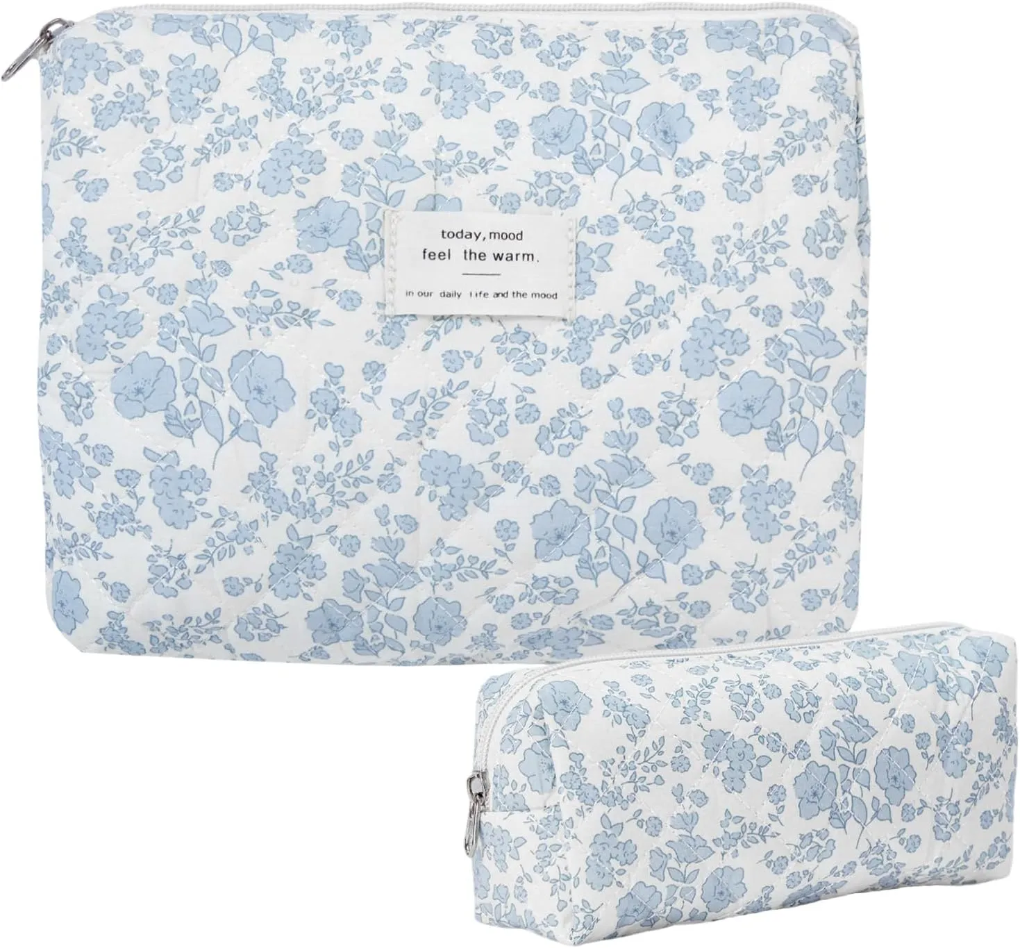 Makeup Bag, Quilted Makeup Bag, Cotton Large Travel Makeup Bag, Floral Cosmetic Bag, Travel Quilted Makeup Bag for Women, Flower Travel Toiletry Bag (Blue Flower New)