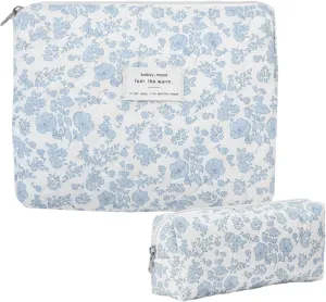 Makeup Bag, Quilted Makeup Bag, Cotton Large Travel Makeup Bag, Floral Cosmetic Bag, Travel Quilted Makeup Bag for Women, Flower Travel Toiletry Bag (Blue Flower New)