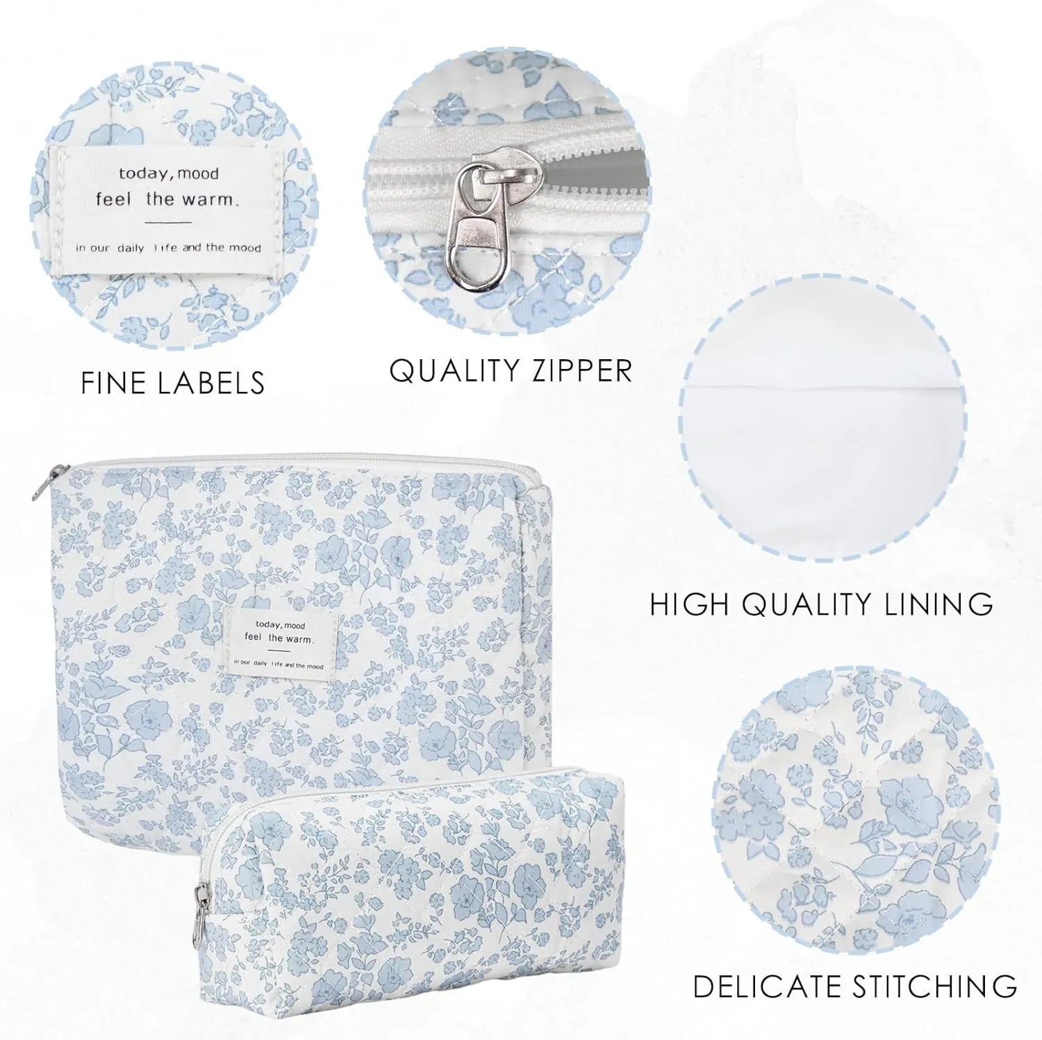 Makeup Bag, Quilted Makeup Bag, Cotton Large Travel Makeup Bag, Floral Cosmetic Bag, Travel Quilted Makeup Bag for Women, Flower Travel Toiletry Bag (Blue Flower New)