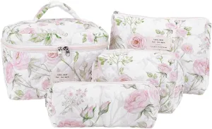 Makeup Bag Set Quilted Big Makeup Bag Cotton Aesthetic Travel Cosmetic Bags for Women Toiletry Bag Cute Floral Makeup bag (Rose)