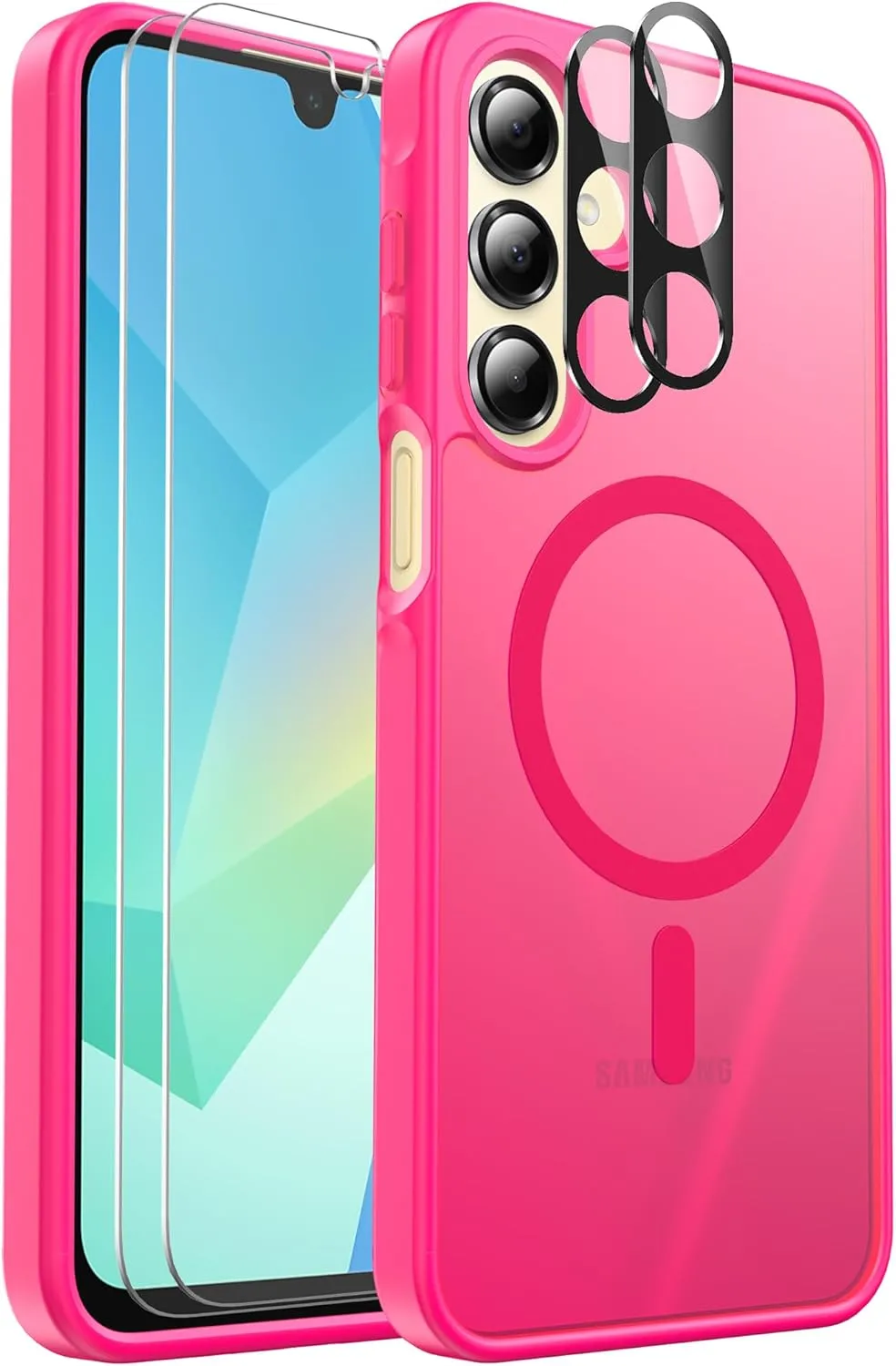 Mangix for Samsung Galaxy A16 5G Case, with 2-Pack Tempered Glass Screen Protector and Camera Lens Protector, Translucent Back Shockproof Phone Cover for Samsung Galaxy A16 5G (Hot Pink)