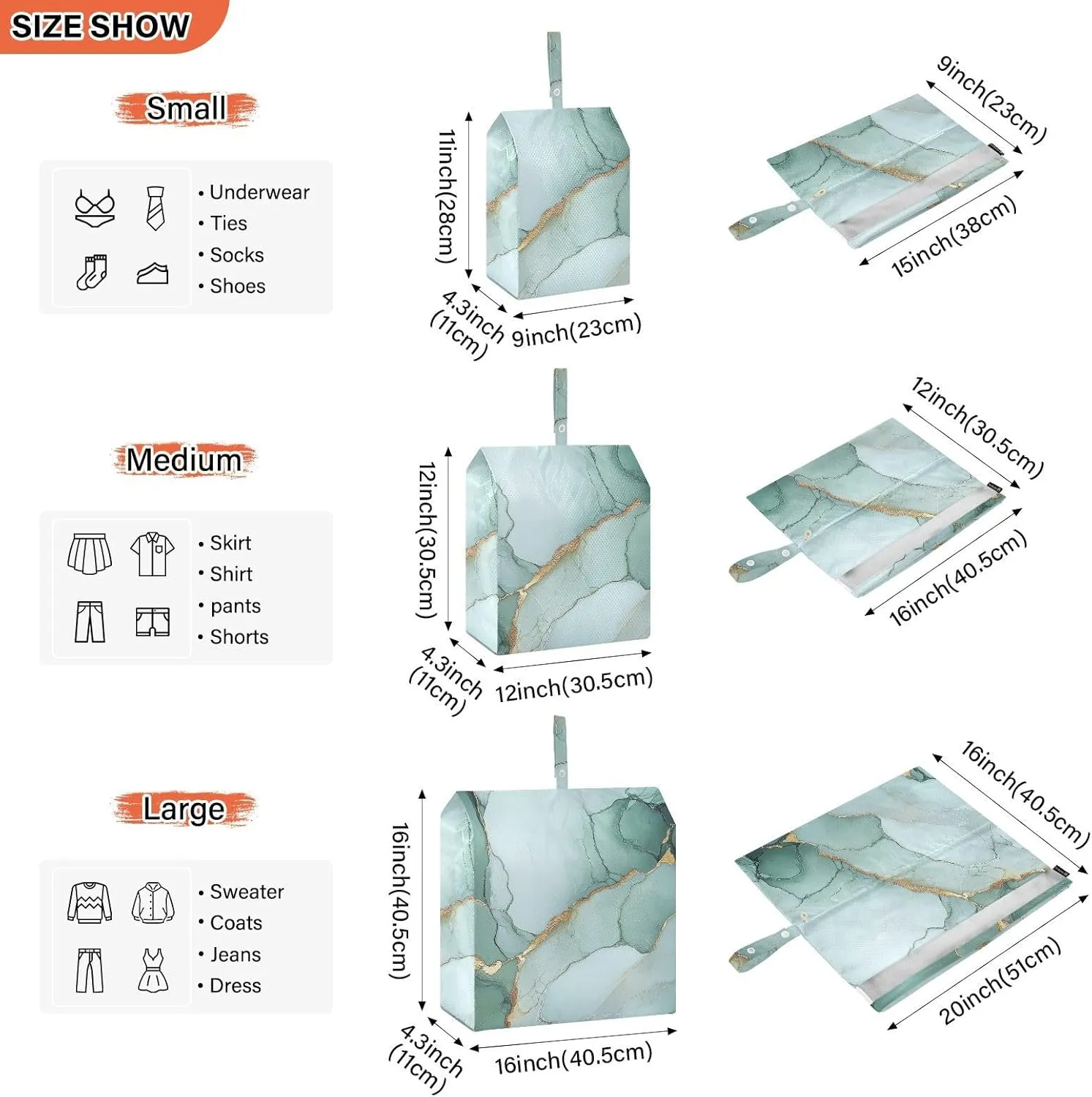 Marble Sage Green White 3 Set Travel Packing Cubes For Suitcases, Foldable, Garment Bag Closet Storage, Luggage Space Saver, Organizadores De Maletas Para