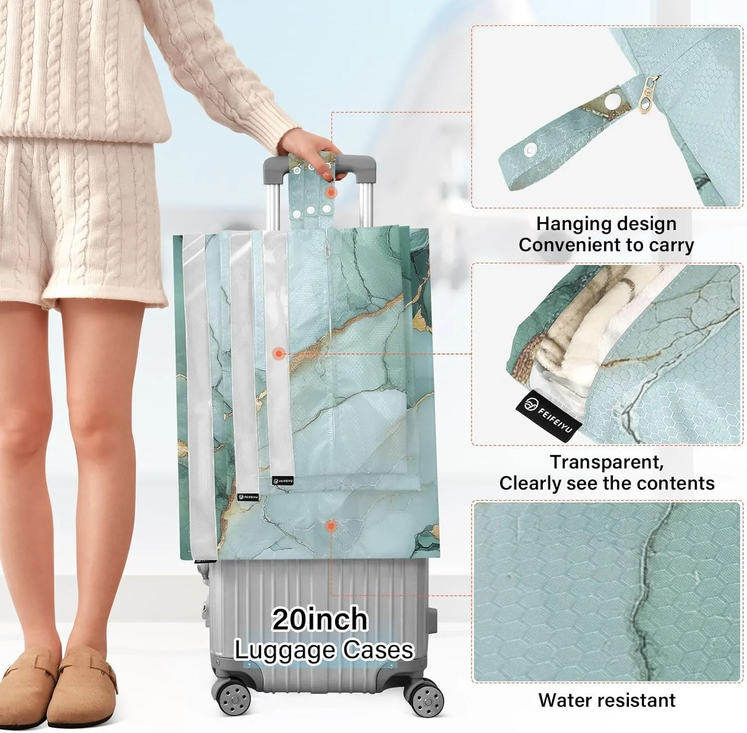 Marble Sage Green White 3 Set Travel Packing Cubes For Suitcases, Foldable, Garment Bag Closet Storage, Luggage Space Saver, Organizadores De Maletas Para