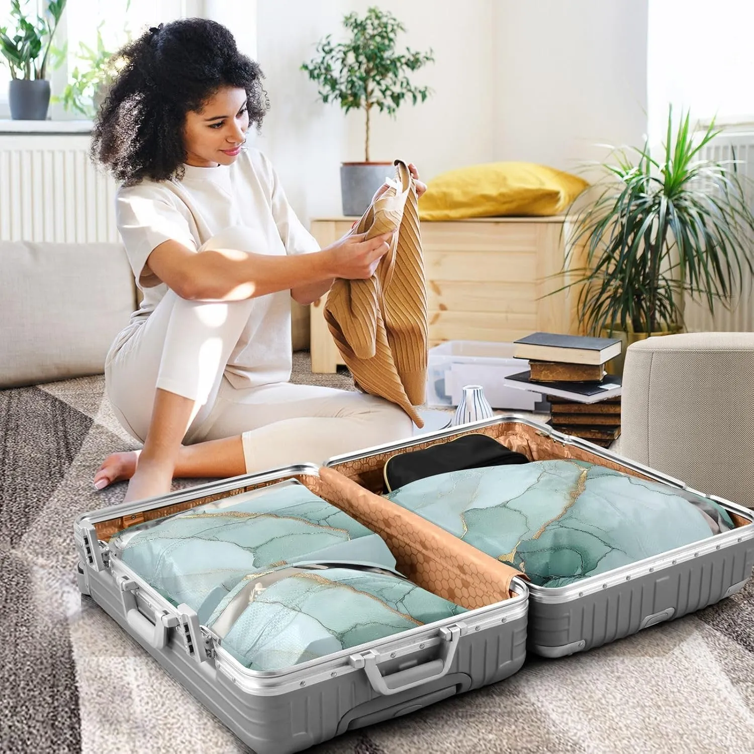 Marble Sage Green White 3 Set Travel Packing Cubes For Suitcases, Foldable, Garment Bag Closet Storage, Luggage Space Saver, Organizadores De Maletas Para