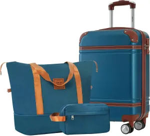 Merax 20 IN Luggage with Bags, Suitcase with Spinner Wheels, Carry on Luggage with TSA Lock Lightweight Vintage Luggage(Blue)
