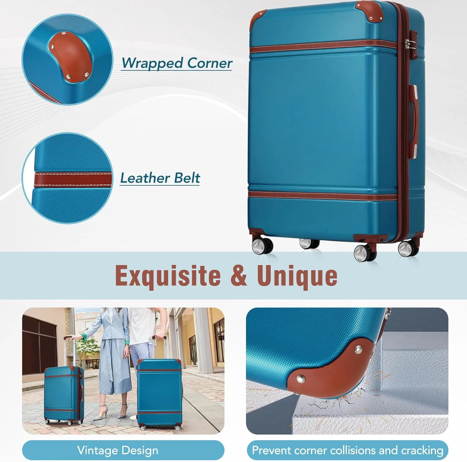 Merax 20 IN Luggage with Bags, Suitcase with Spinner Wheels, Carry on Luggage with TSA Lock Lightweight Vintage Luggage(Blue)