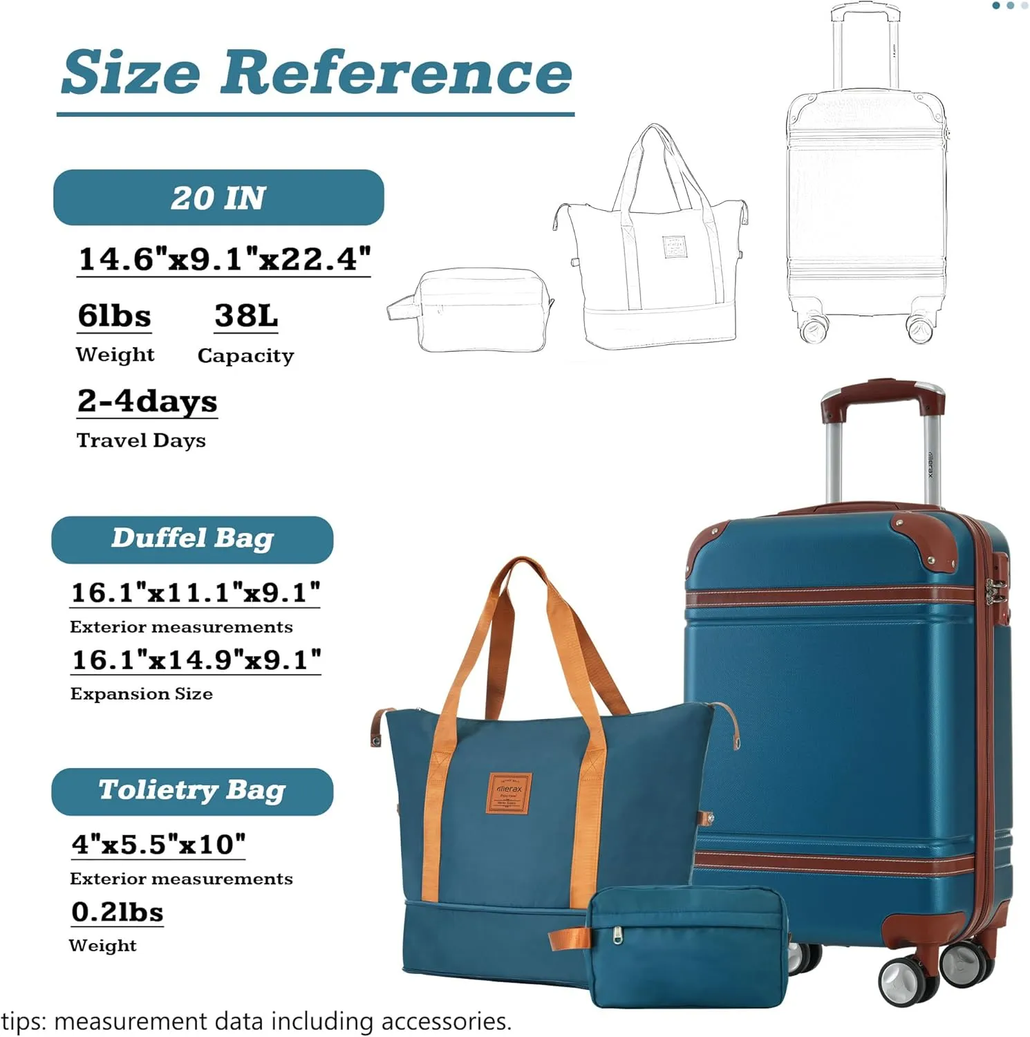 Merax 20 IN Luggage with Bags, Suitcase with Spinner Wheels, Carry on Luggage with TSA Lock Lightweight Vintage Luggage(Blue)