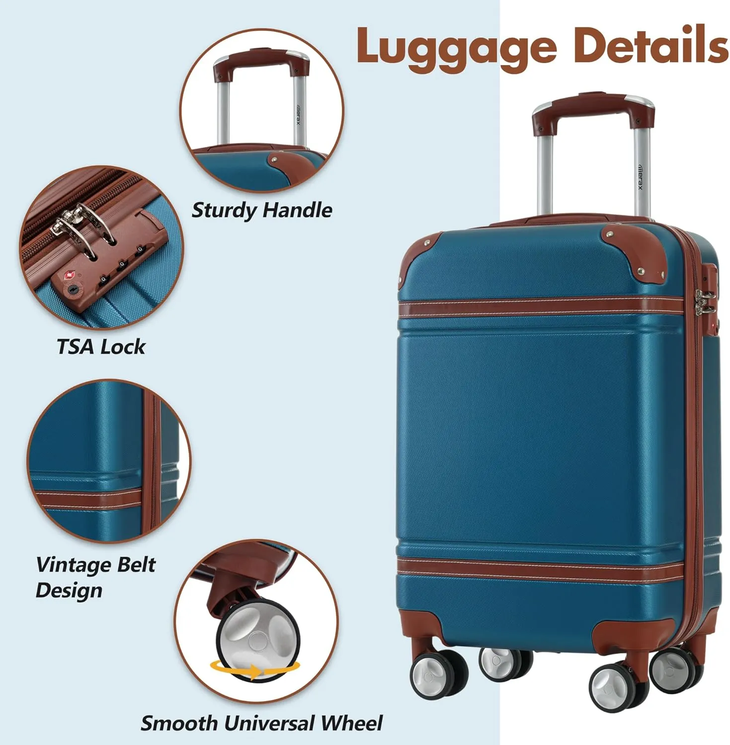 Merax 20 IN Luggage with Bags, Suitcase with Spinner Wheels, Carry on Luggage with TSA Lock Lightweight Vintage Luggage(Blue)