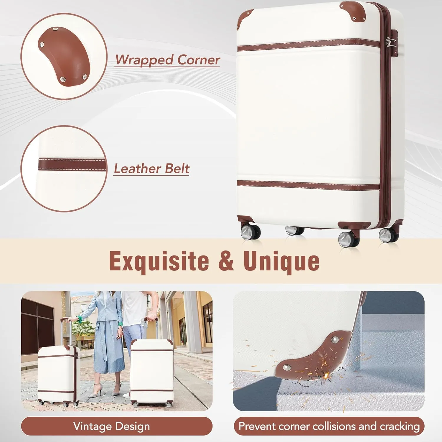 Merax 20 IN Luggage with Bags, Suitcase with Spinner Wheels, Carry on Luggage with TSA Lock Lightweight Vintage Luggage(White)