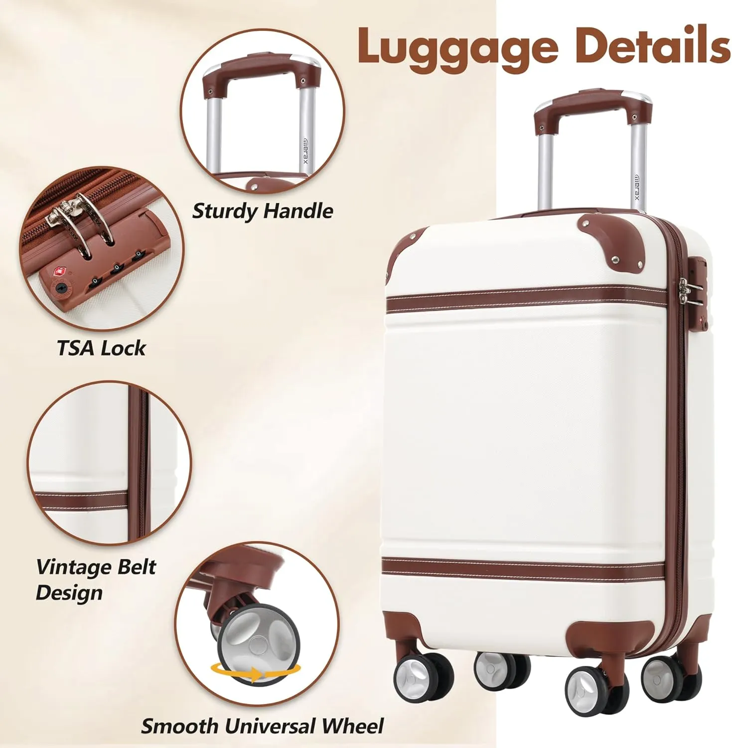 Merax 20 IN Luggage with Bags, Suitcase with Spinner Wheels, Carry on Luggage with TSA Lock Lightweight Vintage Luggage(White)