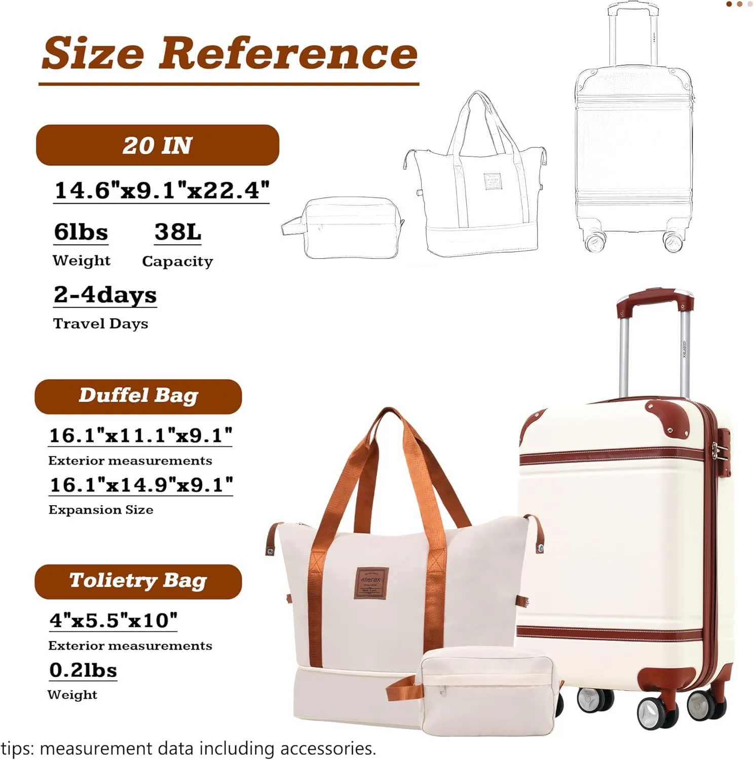 Merax 20 IN Luggage with Bags, Suitcase with Spinner Wheels, Carry on Luggage with TSA Lock Lightweight Vintage Luggage(White)