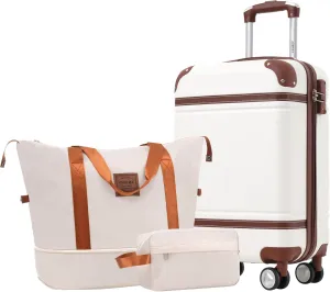 Merax 20 IN Luggage with Bags, Suitcase with Spinner Wheels, Carry on Luggage with TSA Lock Lightweight Vintage Luggage(White)