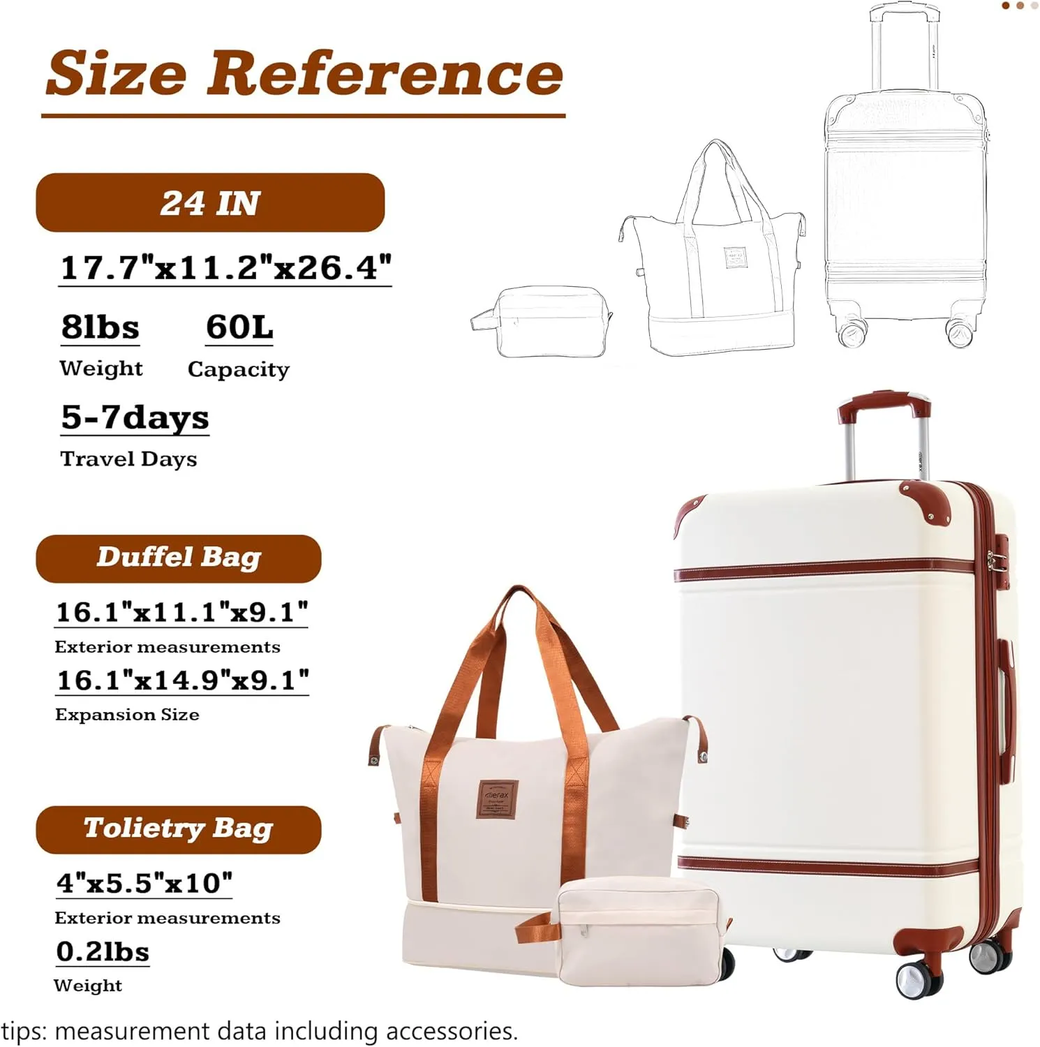 Merax 24 IN Spinner Luggage with Bags, Suitcase with TSA Lock, Lightweight Vintage Luggage (White)