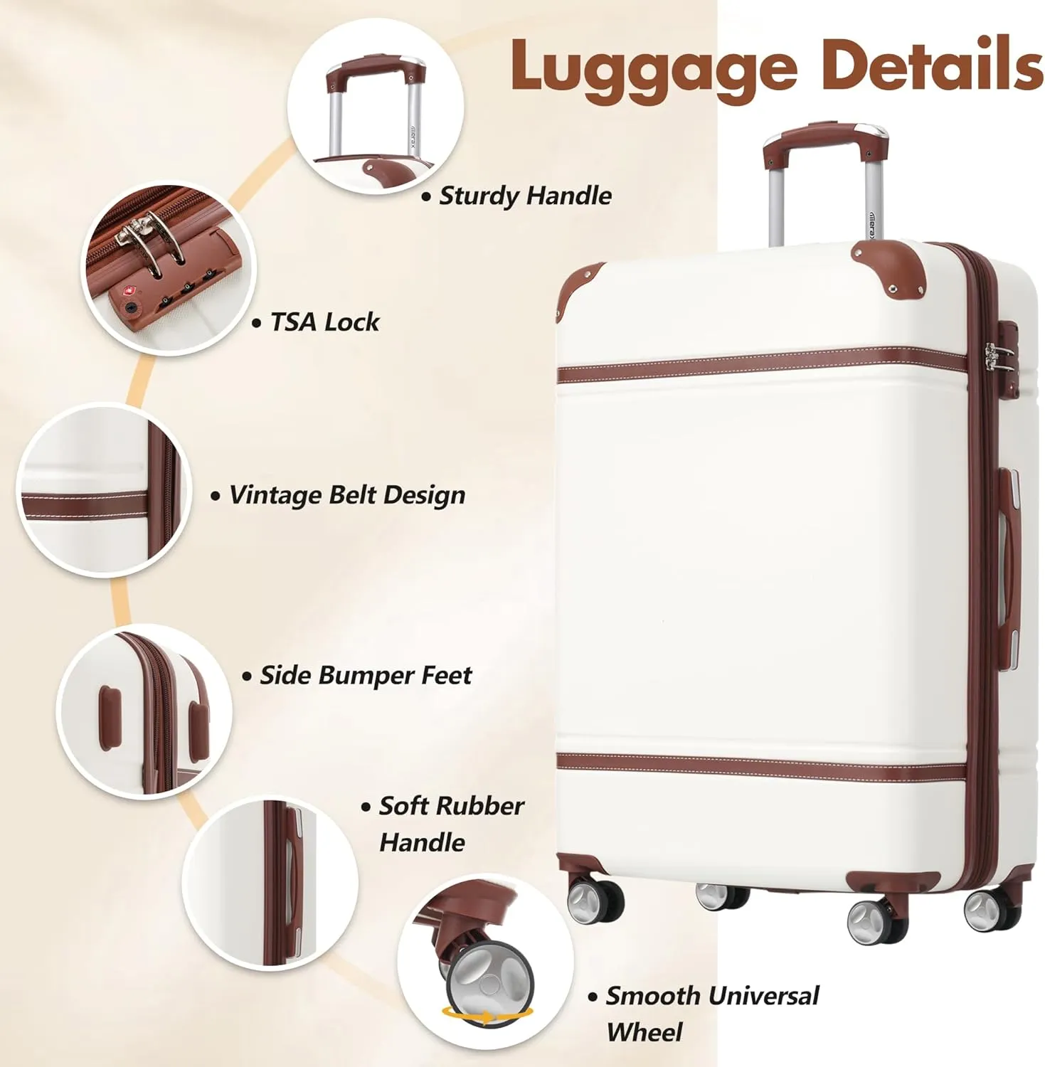 Merax 24 IN Spinner Luggage with Bags, Suitcase with TSA Lock, Lightweight Vintage Luggage (White)