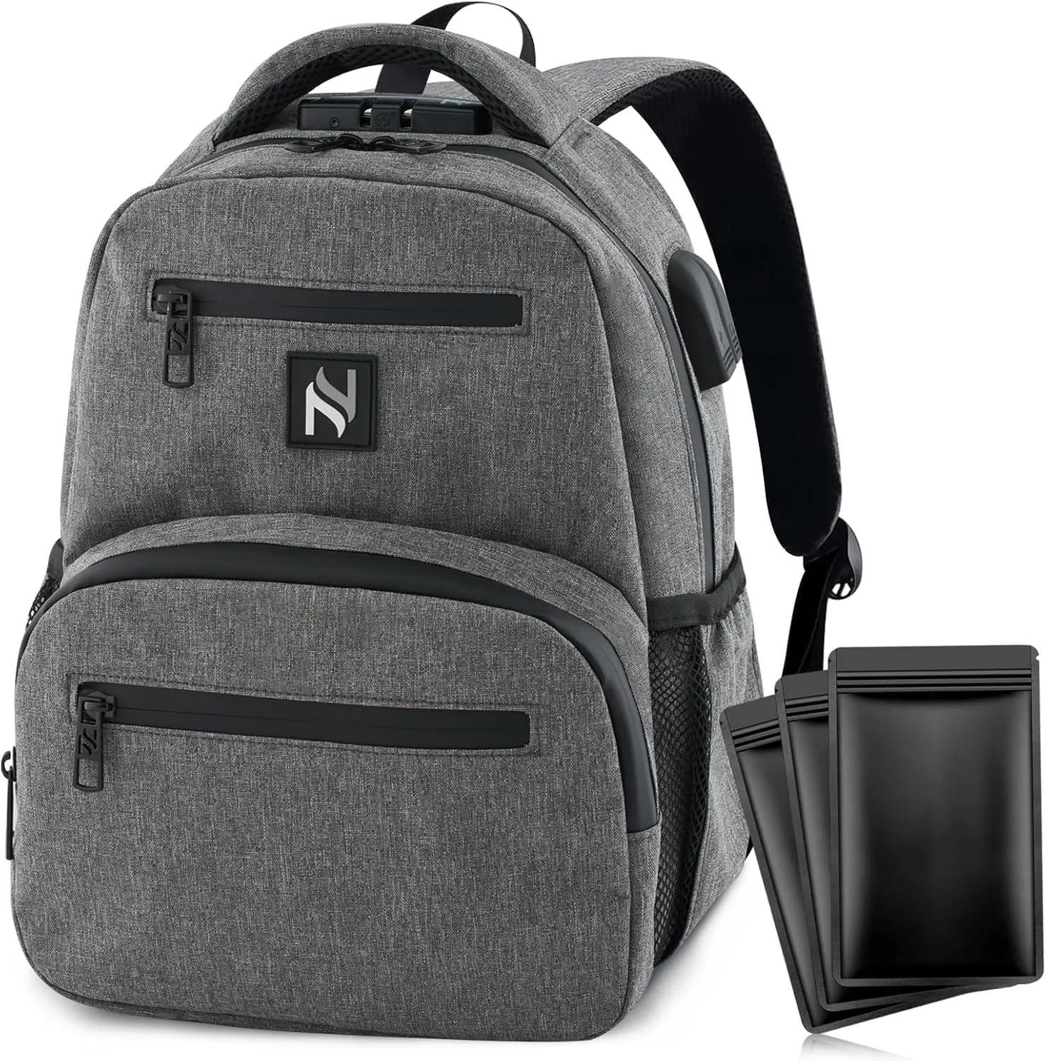 Mini Smell Proof Backpack With Lock For Men/Women USB & Headphone Port (Light Grey)