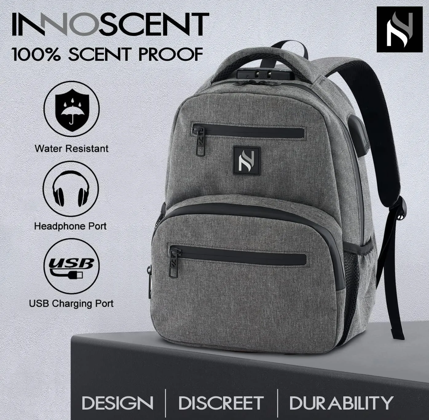Mini Smell Proof Backpack With Lock For Men/Women USB & Headphone Port (Light Grey)
