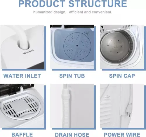Mini Twin Tub Washing Machine, Efficient 8lbs Wash & 5lbs Spin