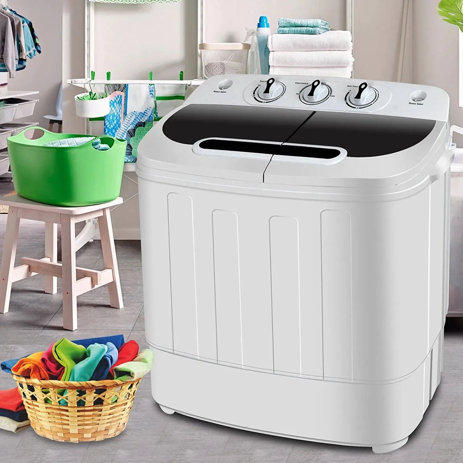 Mini Twin Tub Washing Machine, Efficient 8lbs Wash & 5lbs Spin