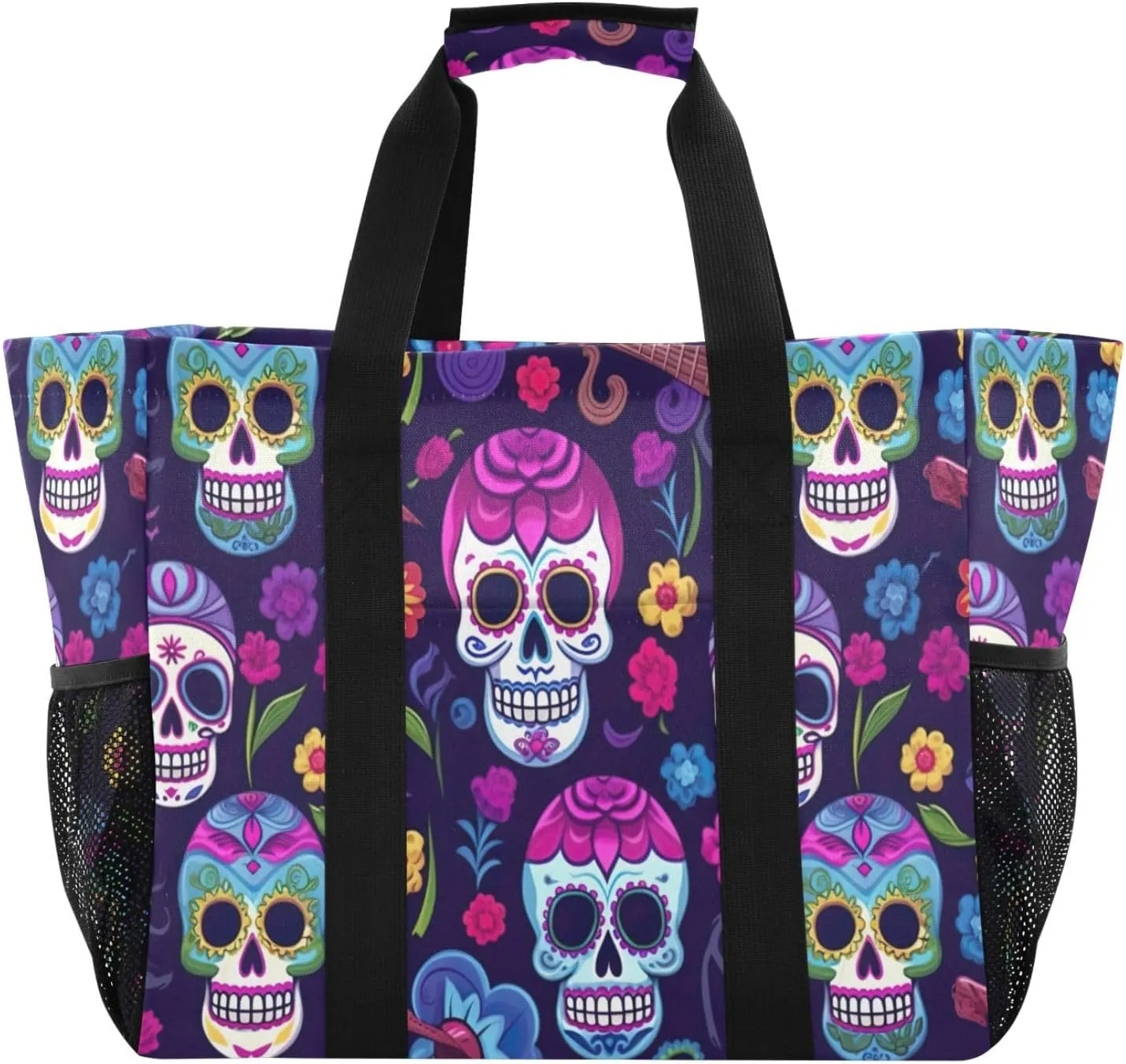 Nander Beautiful Flowers and Skull Foldable Tote Bag Waterproof Sandproof Women Beach Bag Handbag Gym Bag