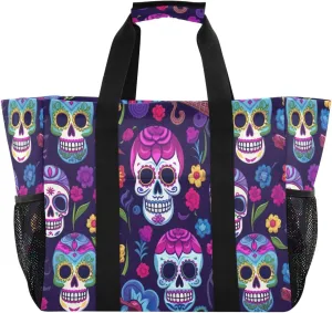 Nander Beautiful Flowers and Skull Foldable Tote Bag Waterproof Sandproof Women Beach Bag Handbag Gym Bag