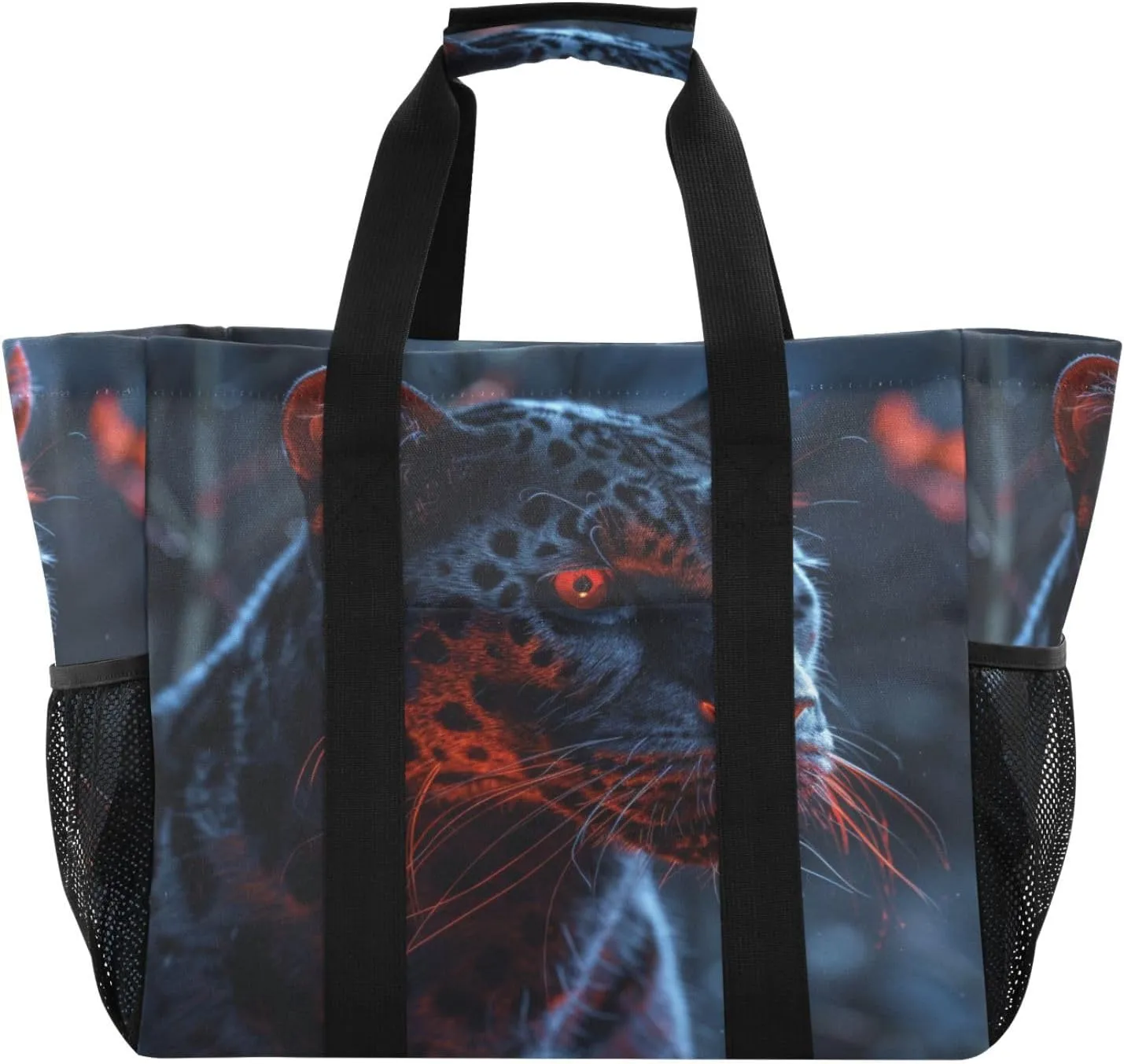 Nander Black Leopard with Red Eyes Foldable Tote Bag Waterproof Sandproof Women Beach Bag Handbag Gym Bag