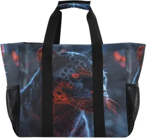 Nander Black Leopard with Red Eyes Foldable Tote Bag Waterproof Sandproof Women Beach Bag Handbag Gym Bag