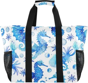 Nander Blue Seahorse Foldable Tote Bag Waterproof Sandproof Women Beach Bag Handbag Gym Bag