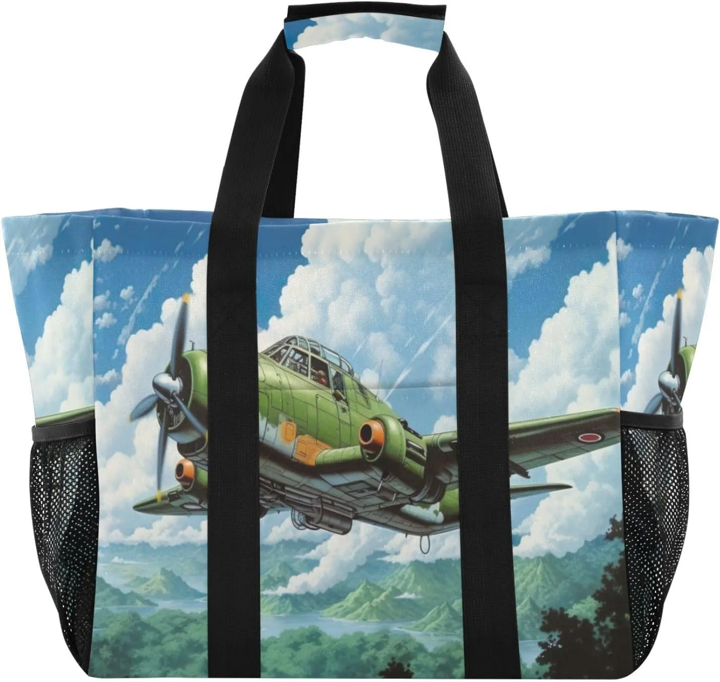 Nander Cartoon Aircraft Foldable Tote Bag Waterproof Sandproof Women Beach Bag Handbag Gym Bag Travel Shopping Bag